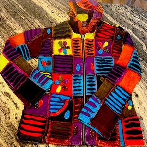 RISING INTERNATIONAL Patchwork Women's Hoodie Jacket Full Zip Hippie Boho M